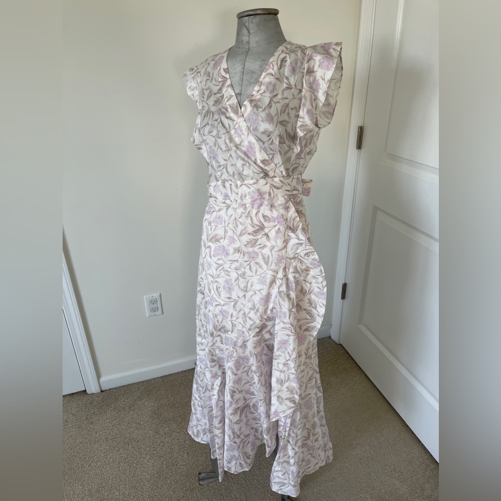 Rebecca Taylor wrap midi floral dress with ruffle mock sleeve